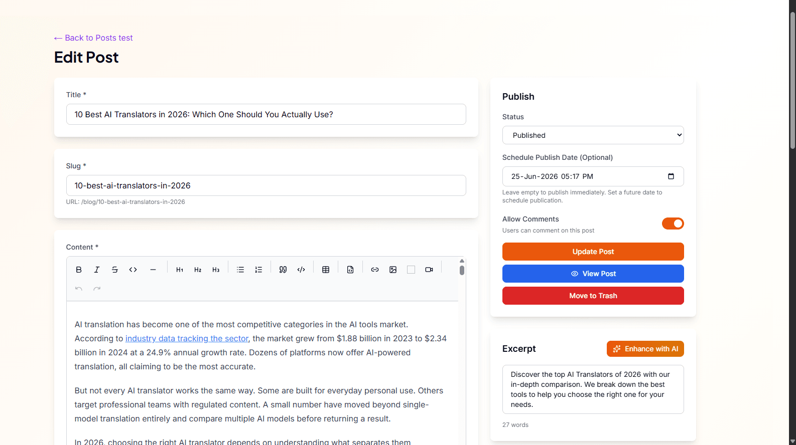 AICavo — dynamic blog post editor